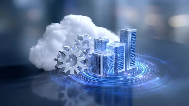 Illustration of a cloud computing setup, highlighting cost-efficient strategies such as auto-scaling, load balancing, and resource pooling for optimized resource usage