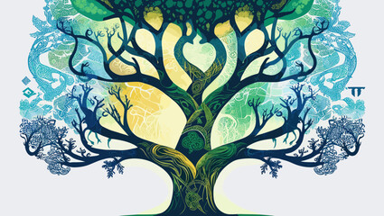 Intricate illustration of a tree of life with swirling patterns and vibrant colors, symbolizing nature and interconnectedness