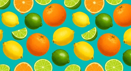 Obraz premium Vibrant Citrus Fruit Pattern Oranges, Lemons, and Limes on Teal Background
