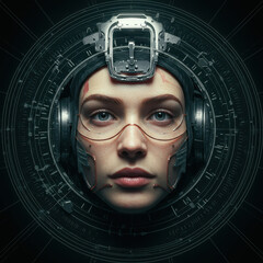 Futuristic woman portrait with intense focus. This science fiction cyborg wears technology helmet in cyberpunk style. digital art piece showing human machine interface