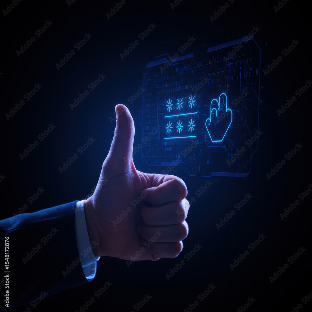 Poster human hand showing thumb up for successful password authentication. glowing blue futuristic interfac