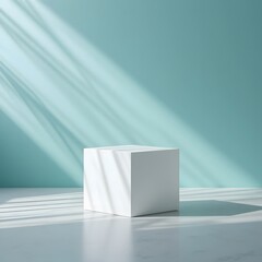 White cube on a light blue background with shadows
