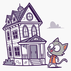 Fototapeta premium Cartoon illustration of a whimsical house with a gray cat standing in front with tongue out and waving