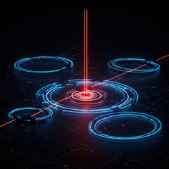 Powerful futuristic technology network with digital abstract hologram. glowing red laser projects from central core, surrounded by blue rings. This feels energetic and advanced