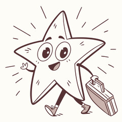 A cartoon star character walking with a suitcase and waving with a happy expression and radiating energy