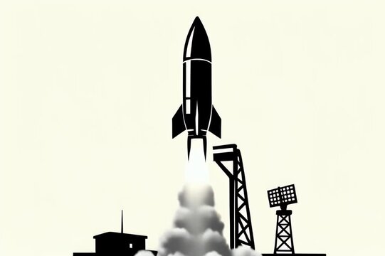 Rocket Launch Silhouette: A stylized depiction of a rocket taking off from a launchpad, with smoke and support structures.