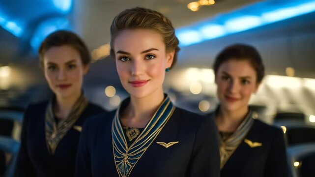 Inside modern aircraft cabin, three air hostesses stand in perfect formation with welcoming posture, behind them rows of plush seats and glowing reading lights