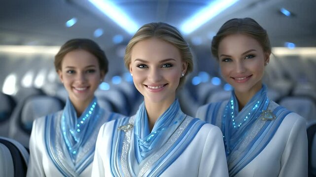 Inside modern aircraft cabin, three air hostesses stand in perfect formation with welcoming posture, behind them rows of plush seats and glowing reading lights