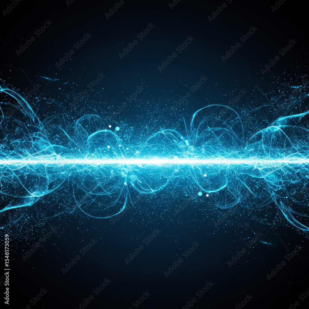 Poster powerful abstract blue neon energy wave of light particles. dynamic and futuristic digital technolog
