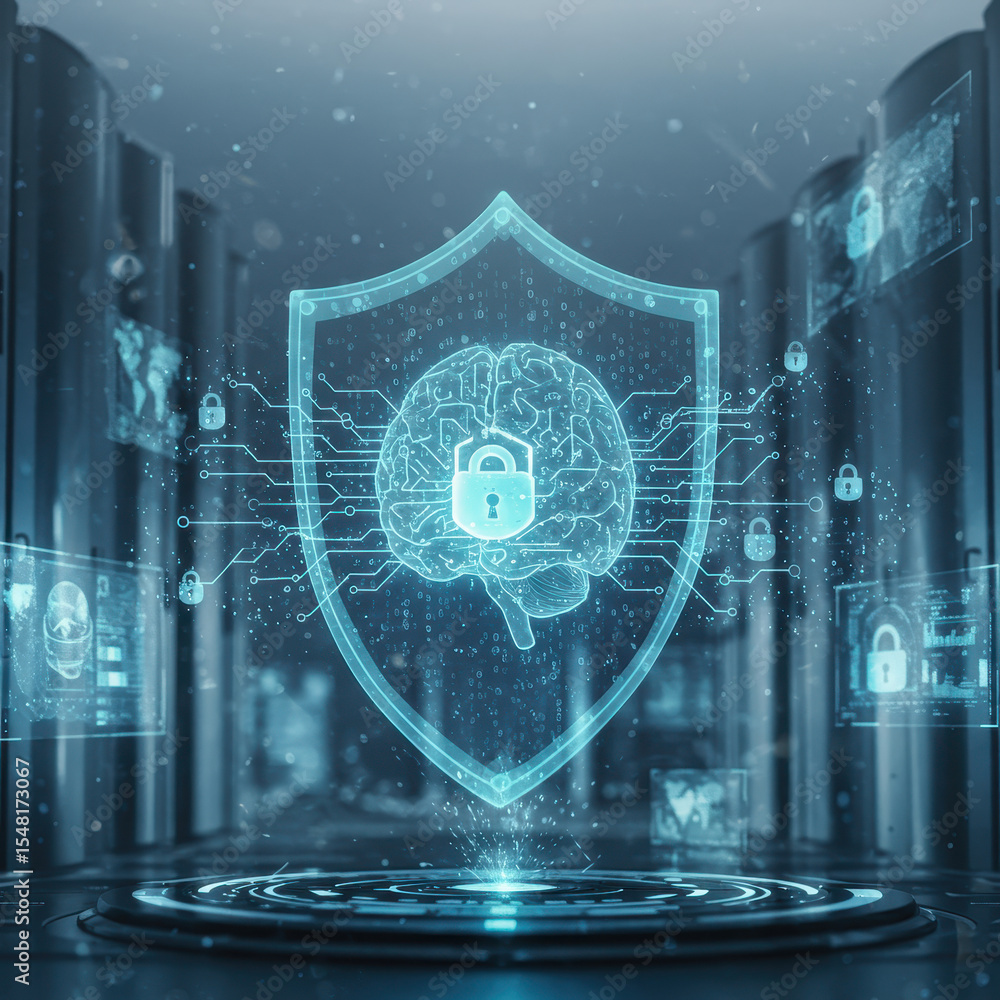 Poster conceptual data protection and digital security with brain and padlock inside shield. futuristic tec