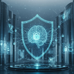 Conceptual data protection and digital security with brain and padlock inside shield. Futuristic technology in server room illustrates privacy and intellectual property