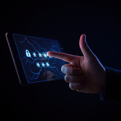 Focused finger touching futuristic screen to enter password for digital security. This abstract concept represents login, authentication, and network protection in cyberspace