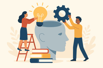 Upskilling and reskilling concept. Man and woman put light bulb idea and gear skill into human head. Metaphor for personal development, career growth, knowledge, and education.