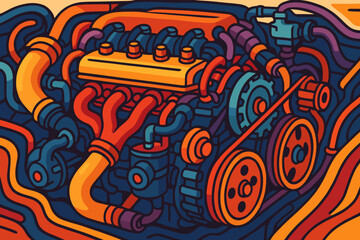 Vibrant car engine cartoon illustration. Detailed vector drawing of a motor's intricate components. Retro style abstract graphic with pipes and gears for automotive and industry.