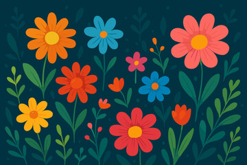 Vibrant cartoon flowers on a dark background. Hand-drawn floral garden illustration. Cheerful decorative nature pattern for spring and summer design. Naive folk art style vector.