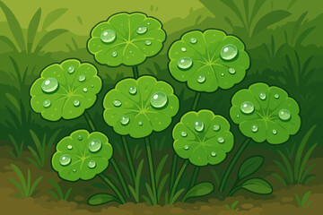 Water pennywort leaves with dew drops after rain. Gotu kola or Centella asiatica plant cartoon vector illustration. Fresh green foliage in a natural garden setting. Herbal, botanical concept.