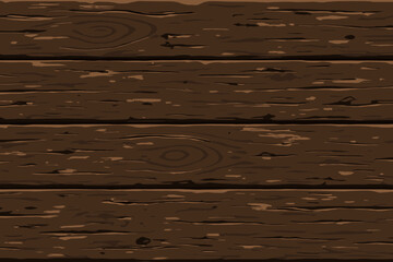 Weathered dark brown wood texture vector background. Rustic illustration of old distressed wooden planks. Cartoon timber paneling or floorboards with natural grunge grain pattern.