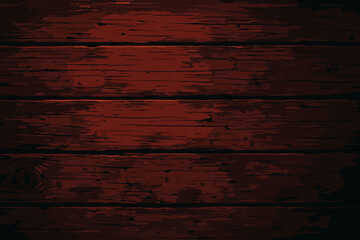 Red wood texture background. Dark weathered wooden planks. Old rustic grunge surface. Timber wall or floor backdrop. Vintage aged wood grain panel. Realistic vector illustration.