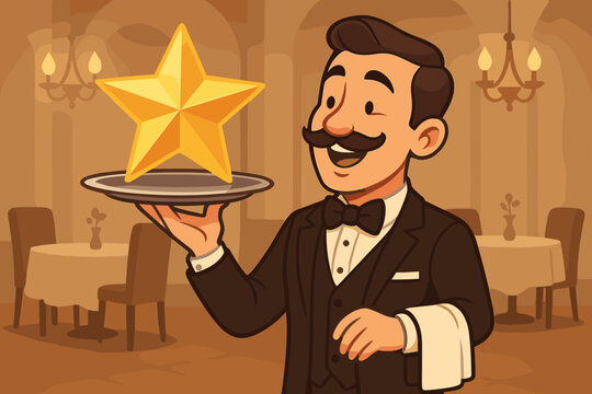Cartoon waiter holding a golden star on a platter. Concept for five-star rating, excellent service, premium quality, VIP treatment, and customer satisfaction in a luxury restaurant.