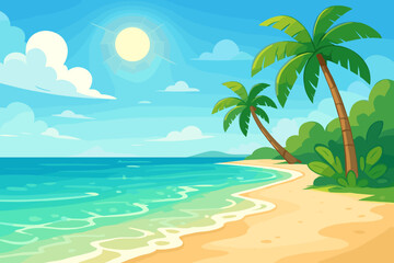 Sunny tropical beach with white sand shoreline crystal clear turquoise water gentle waves under bright sun palm trees green foliage summer vacation nature scene vector illustration