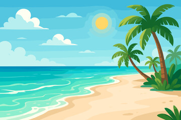 Tropical white sand beach with crystal clear turquoise water, gentle ocean waves, sunlit sky, lush green palm trees on shore, summer vacation paradise, coastal nature scenery, vector illustration