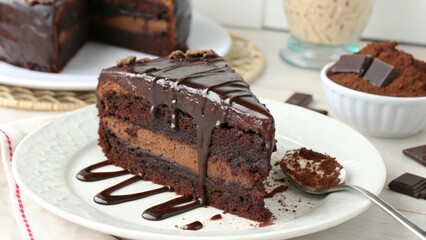 Delicious chocolate fudge layer cake slice