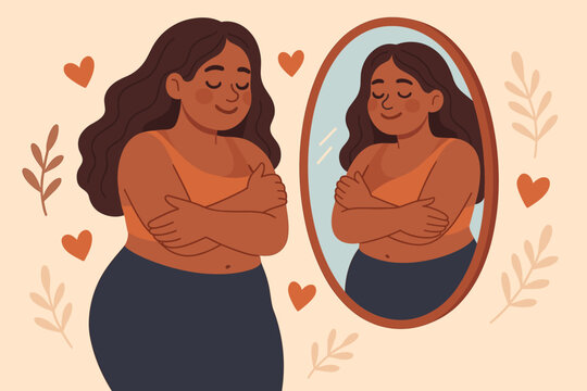 Plus size woman embracing self-love and body positivity while admiring reflection in mirror with hearts and foliage. Illustration of self acceptance, confidence, empowerment and mental wellness - Powered by Adobe