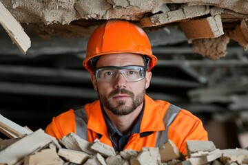 Construction worker wearing safety gear amidst rubble, looking at camera.