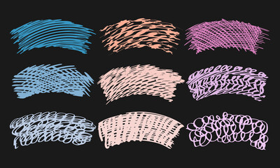 Nine arced textured backgrounds for lettering. Doodles and squiggles. Vector set