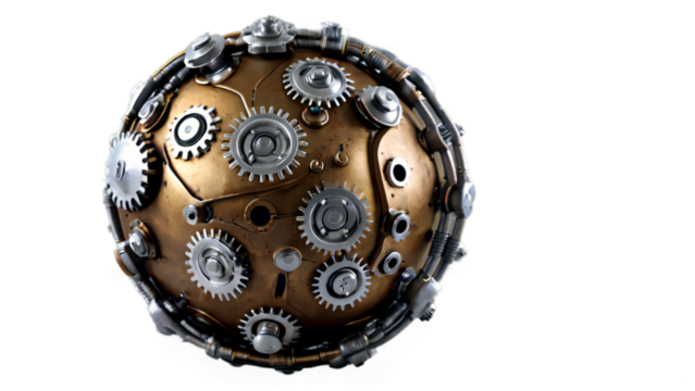 Steampunk Sphere with Gears and Pipes Intricate Mechanical Design Golden and Silver Tones on transparent background Detailed steampunk sphere featuring