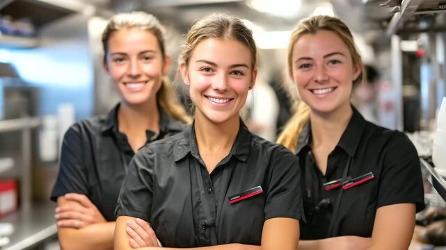 Portrait-style photo of three air hostesses with folded arms near galley, stainless steel surfaces and storage units behind them, a glimpse into aviation service culture