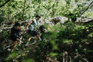 Friends hiking together in a forested area, enjoying the lush greenery and exercise. The setting...
