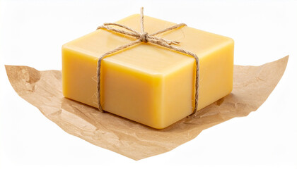 Natural Soap Bar Wrapped in Kraft Paper on Neutral Background – Eco-Friendly Skincare Product