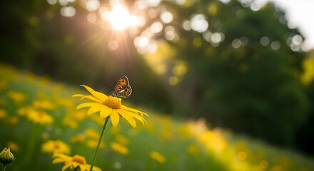 Naklejka premium Butterfly On A Yellow Daisy With Sunlight And Forest Background