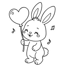 Cute rabbit holding a heart-shaped balloon coloring page for kids. Simple, bold outlines are perfect for toddlers and preschoolers to color and enjoy.