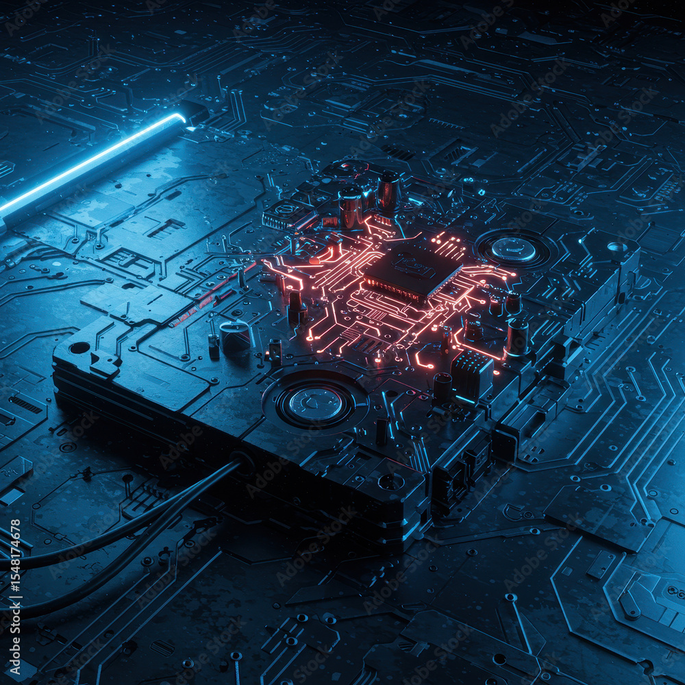 Poster intense high tech design of an electronic circuit with glowing red microchip. blue light illuminates