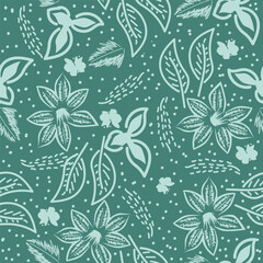 Artistic simple branches flowers peonies, dahlia and buds with leaves seamless pattern. Vector hand drawn. Retro, vintage, pastel print. Template for design, fabric, fashion, wallpaper, textile
