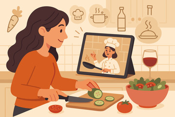 Online cooking class illustration: woman in home kitchen chopping cucumber and tomato for fresh salad while following virtual chef tutorial on tablet surrounded by food and drink icons vector cartoon