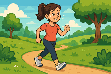 Woman walking and exercising on a nature trail during a serene summer day. Vector cartoon illustration of healthy lifestyle, outdoor fitness, and nature.