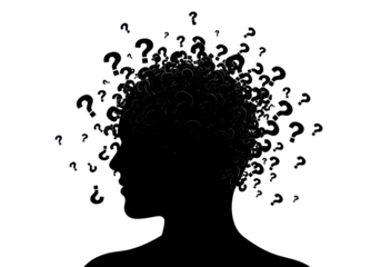 Isolated Silhouette of a Person's Head Overwhelmed with Question Marks