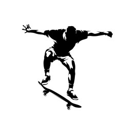 Skateboard silhouette, skateboarding logo. Skateboard trick isolated vector high contrast illustration. Skate park