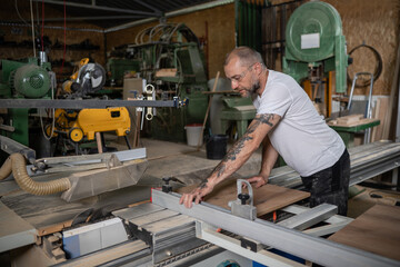Carpenter cutting wooden plank using table saw in workshop