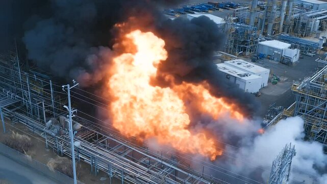 High-pressure gas flare tower burns fiercely, surrounded by steel structures, pipelines, and safety barriers at a sprawling petrochemical plant