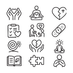 Hand Drawn Mental Health Icons Set Healing Meditation and Therapy.