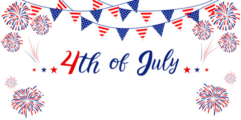 Happy 4th july Independence Day background . Red, blue fireworks for 4th of July . Fourth of July banner . United States of America celebration  border or greeting card. USA patriotic lettering .