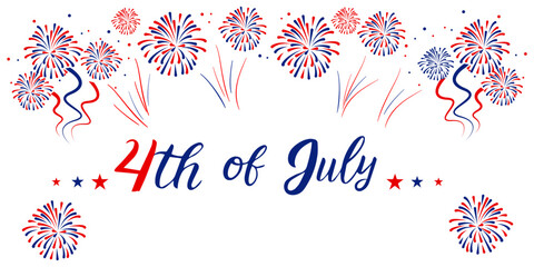 Happy 4th july Independence Day background . Red, blue fireworks for 4th of July . Fourth of July banner . United States of America celebration  border or greeting card. USA patriotic lettering .
