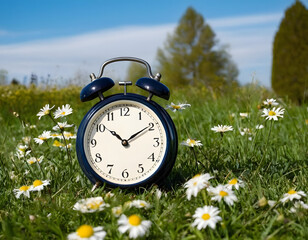 alarm clock on green grass, daylight saving time. Sommer time, winter time, changeover, switch of time. Sommer or winter time. Clock as a timer for celebrations. Spring flowers, grass, blue sky