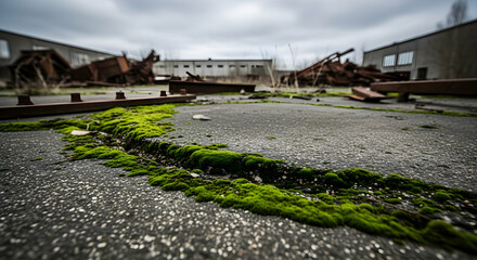 Urban Decay And Nature's Claim, Moss Growing In Cracks, Industrial Landscape