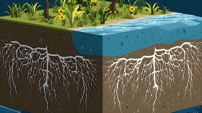Growing roots absorb water near river in isometric cross section