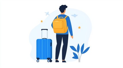 A traveler stands with a suitcase and backpack, ready for an adventure among nature and travel-themed elements.